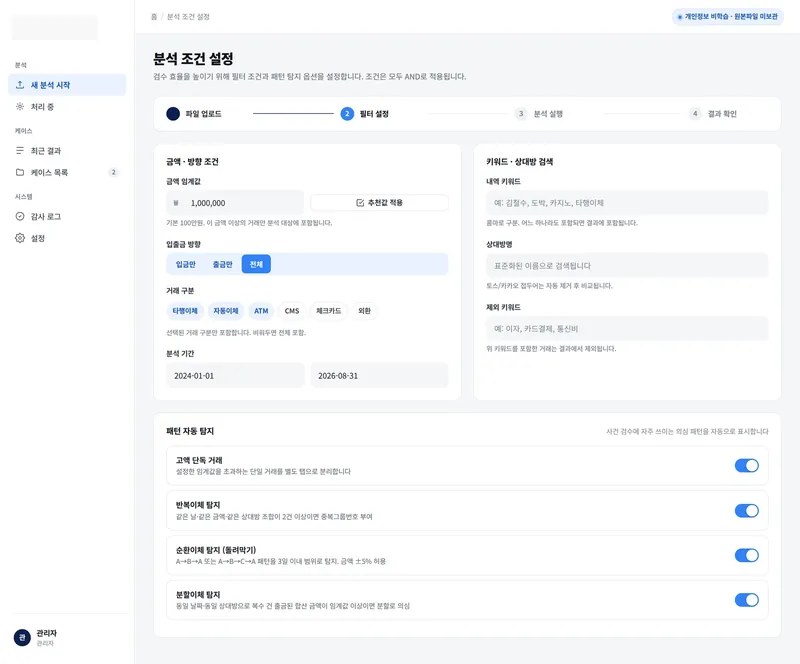 ② 분석 조건 — 금액·방향·기간·키워드, 패턴 4종