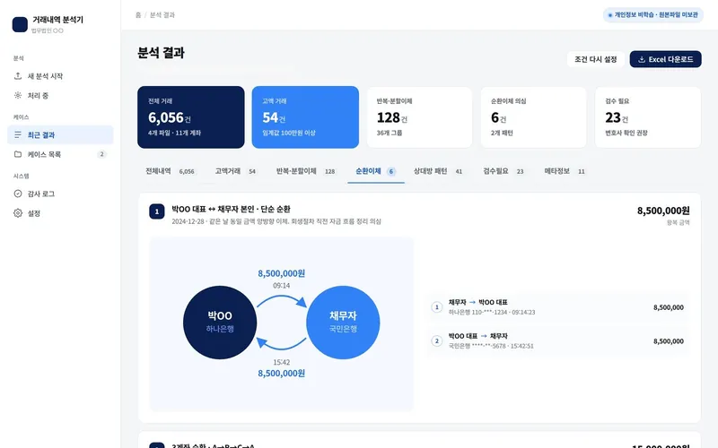 ③ 분석 결과 — 요약 카드, 탭 7개, 순환이체 흐름도